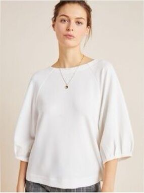 Maeve Anthropologie White Balloon-Sleeve Ribbed Top